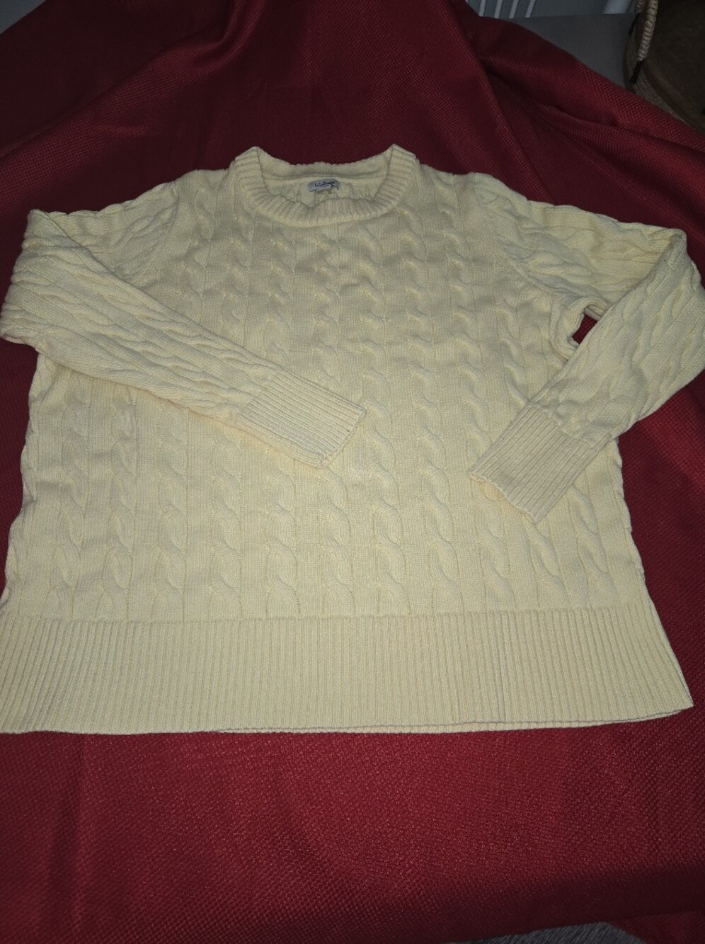 LL Bean Womens Large Yellow Cable Knit Cotton Crewneck Sweater Preppy Classic